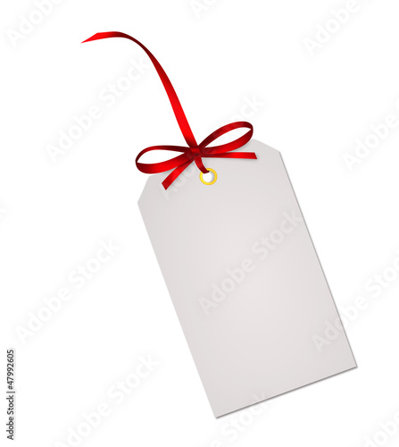 Gift card note with red ribbon bow isolated on white background