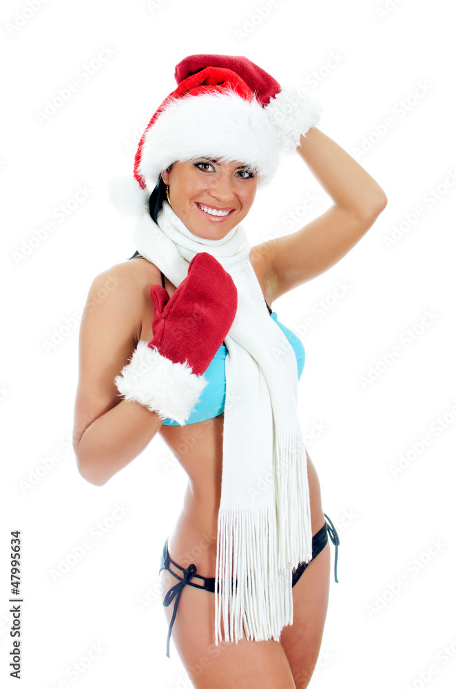 Young sexy woman wearing bikini and christmas hat Young sexy woman wearing bikini and christmas hat