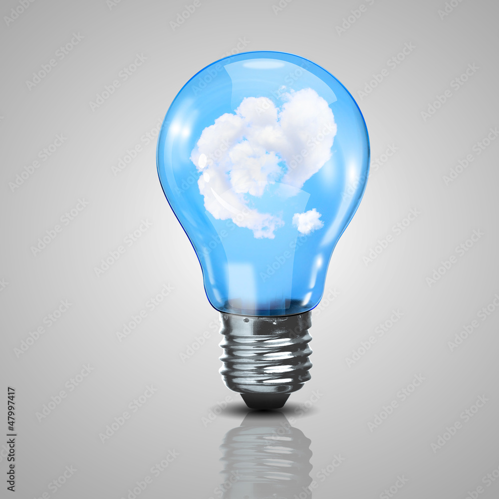 Electric light bulb and blue sky inside it - obrazy, fototapety, plakaty 
