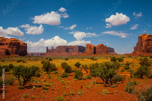 Monument Valley landscape with vegetation and clouds in the blue