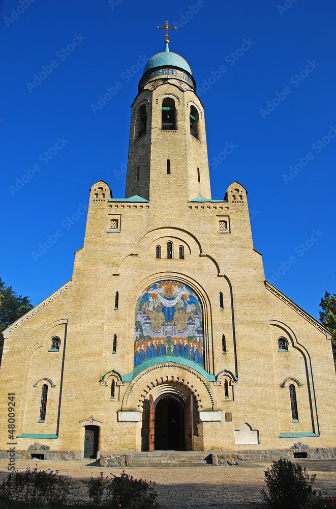 The facade of brick church in Ukraine