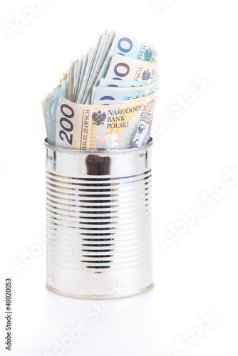 Polish money savings in metal can