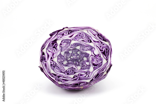 Red cabbage sliced in half, on white background, isolated