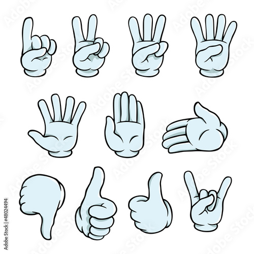 Set of cartoon hands showing various gestures.