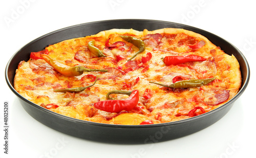 tasty pepperoni pizza in pan isolated on white