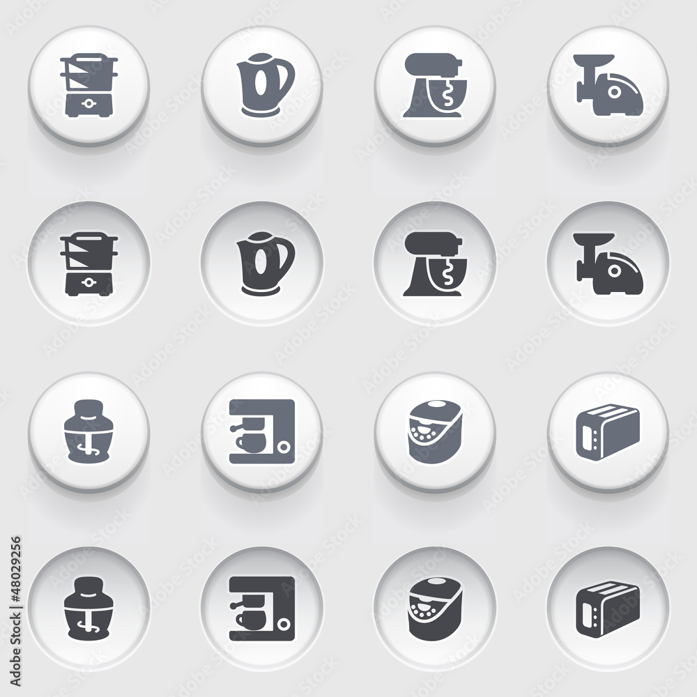 Home appliances icons on white buttons. Set 1. Home appliances icons on white buttons. Set 1.