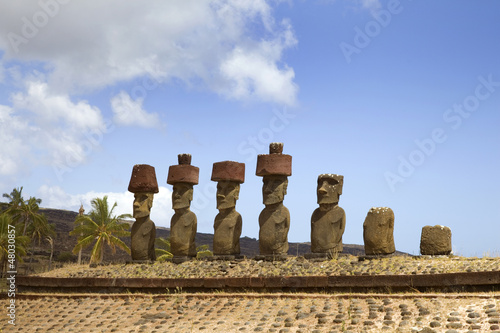 Ahu Nau Nau Moai at Anakena Beach, Easter Island, Chile.
