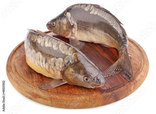 fresh fish (carp) on wooden board