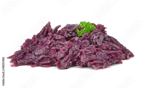 A portion of cooked red cabbage on a white background