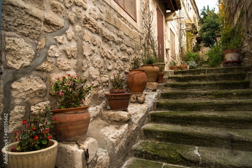 Fototapeta Naklejka Na Ścianę i Meble -  Flower pots on narrow medieval street