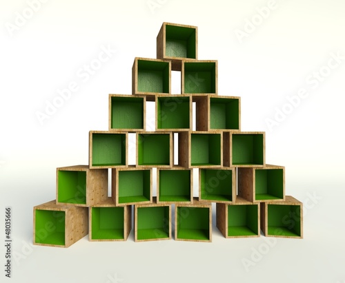 Open wooden boxes forming triangle or Christmas tree