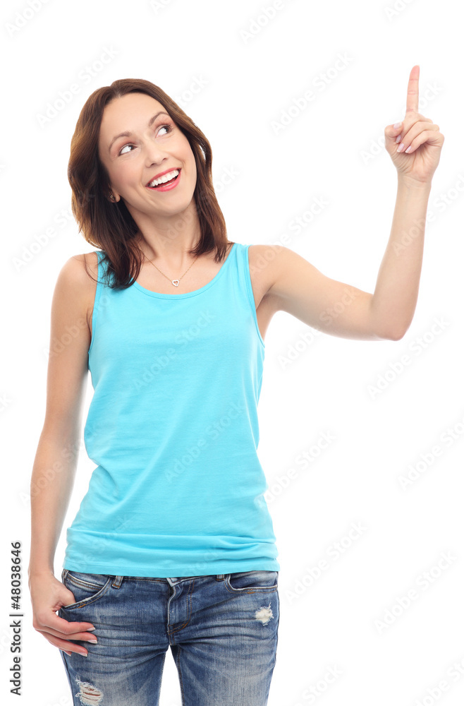 Young woman pointing up Young woman pointing up