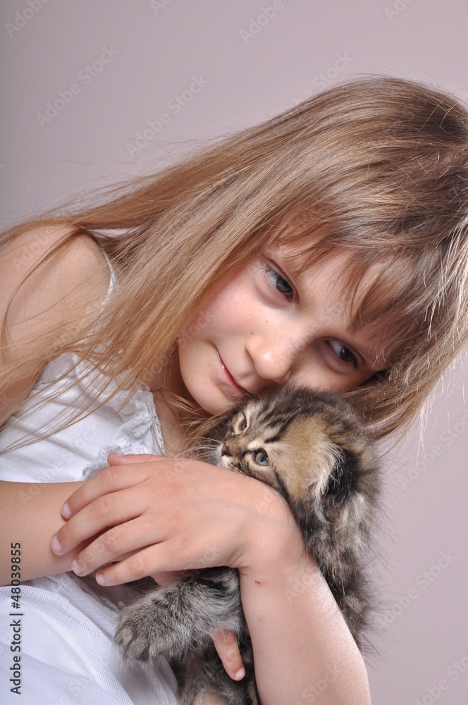 child hugging a small Scottish fold breed kitten child hugging a small Scottish fold breed kitten