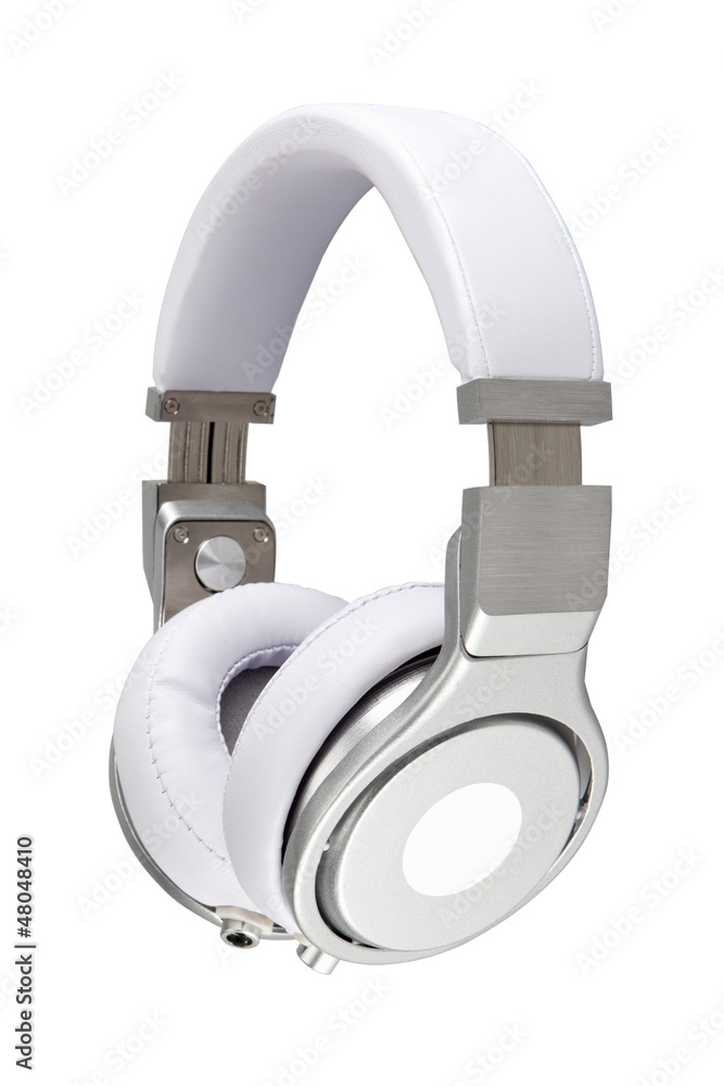 Silver headphones on white background Silver headphones on white background