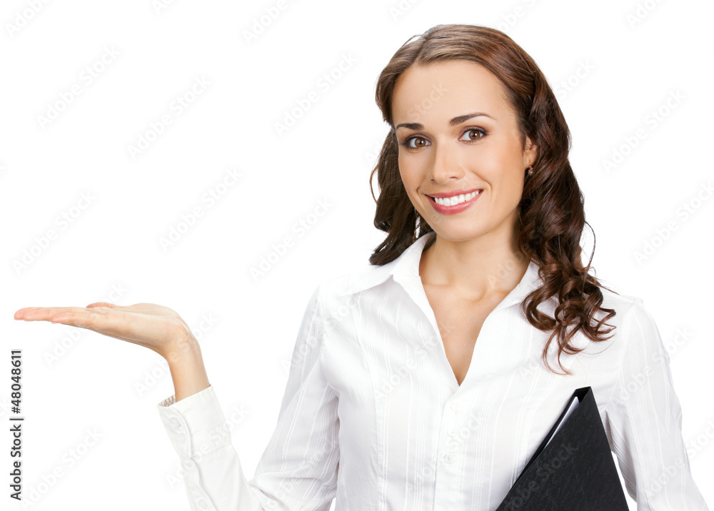 Businesswoman showing, isolated on white Businesswoman showing, isolated on white