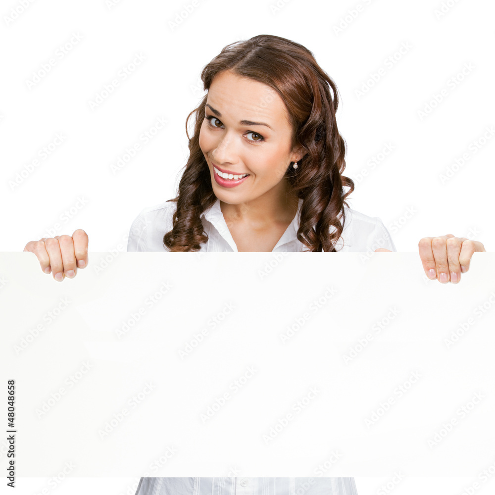 Businesswoman showing blank signboard, isolated Businesswoman showing blank signboard, isolated