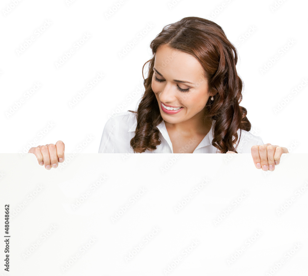 Businesswoman showing blank signboard, isolated Businesswoman showing blank signboard, isolated