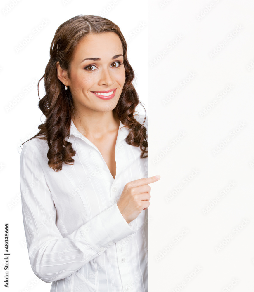 Businesswoman showing blank signboard, isolated Businesswoman showing blank signboard, isolated
