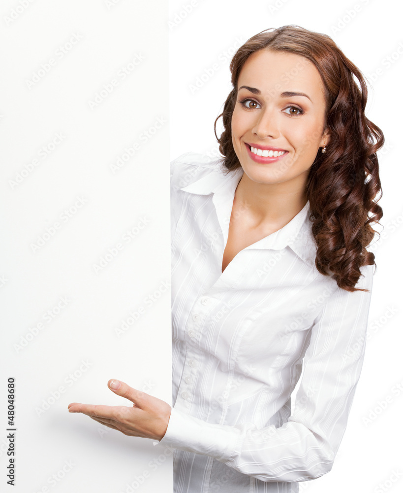 Businesswoman showing blank signboard, isolated
