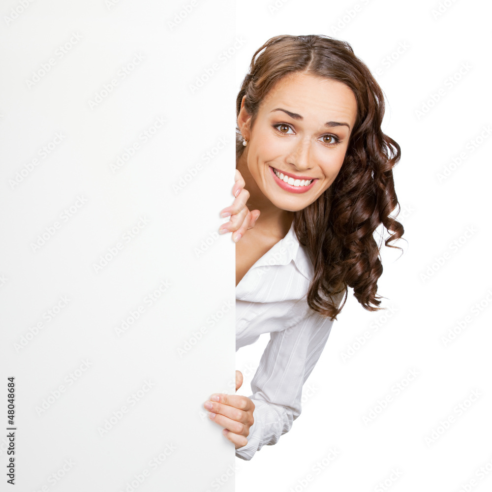 Businesswoman showing blank signboard, isolated Businesswoman showing blank signboard, isolated