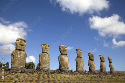 View of seven Ahu Akivi Moai, Rapa Nui, Easter Island, Chile. photo