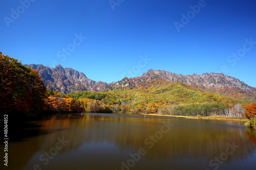 Mt. Togakushi and pond in autumn, Nagano, Japan