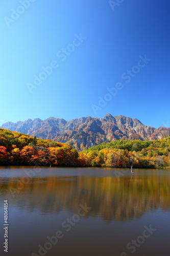 Mt. Togakushi and pond in autumn, Nagano, Japan