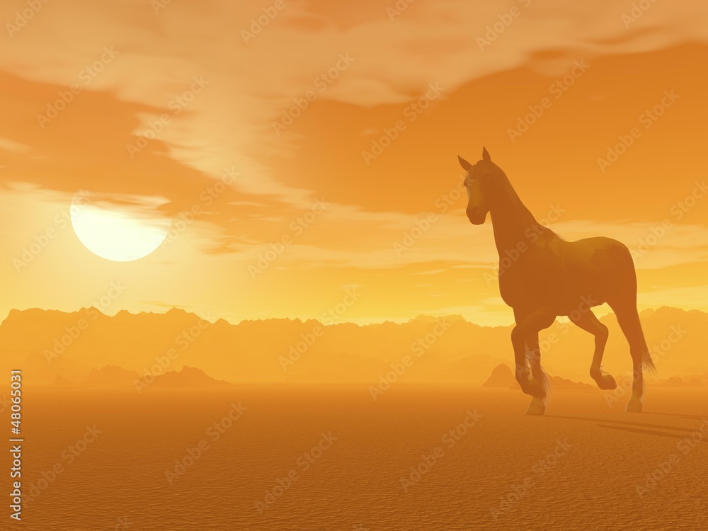 Horse in the desert by sunset - 3D render