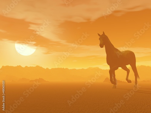 Horse in the desert by sunset - 3D render