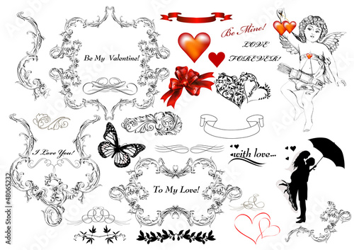 Collection of calligraphic design elements on St Valentine's day