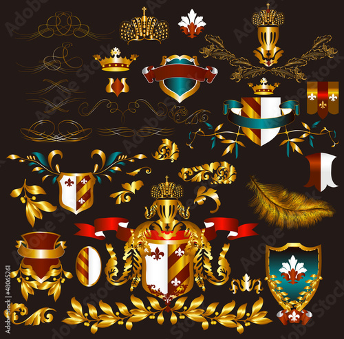Collection of gold-framed heraldic elements