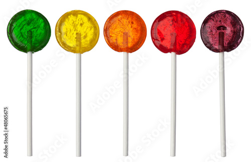 Assorted colors lollipops isolated on white background, close-up