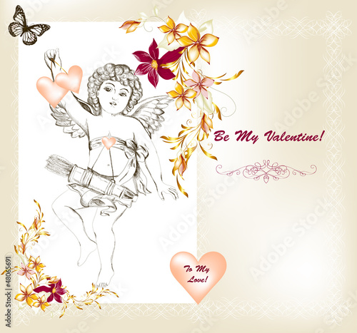 Cute Valentine card in vintage style with angel symbol of love a