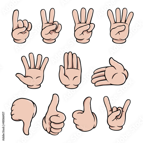 Set of human cartoon hands showing various gestures.