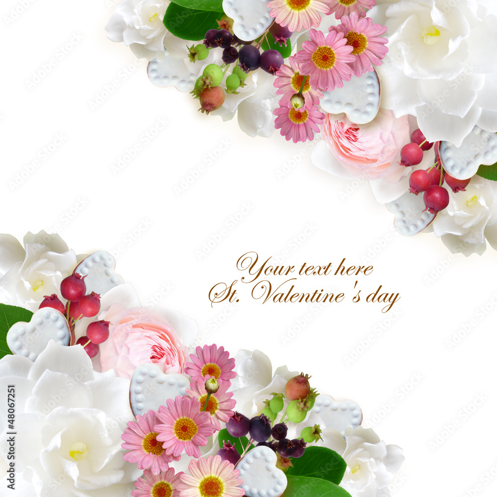 ハートのメレンゲクッキーと花々 斜め配置 Stock Illustration Adobe Stock ハートのメレンゲクッキーと花々 斜め配置 Stock Illustration Adobe Stock