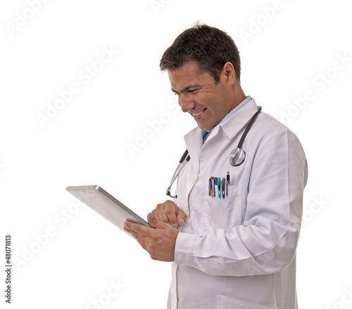 Portrait of happy doctor with a tablet.