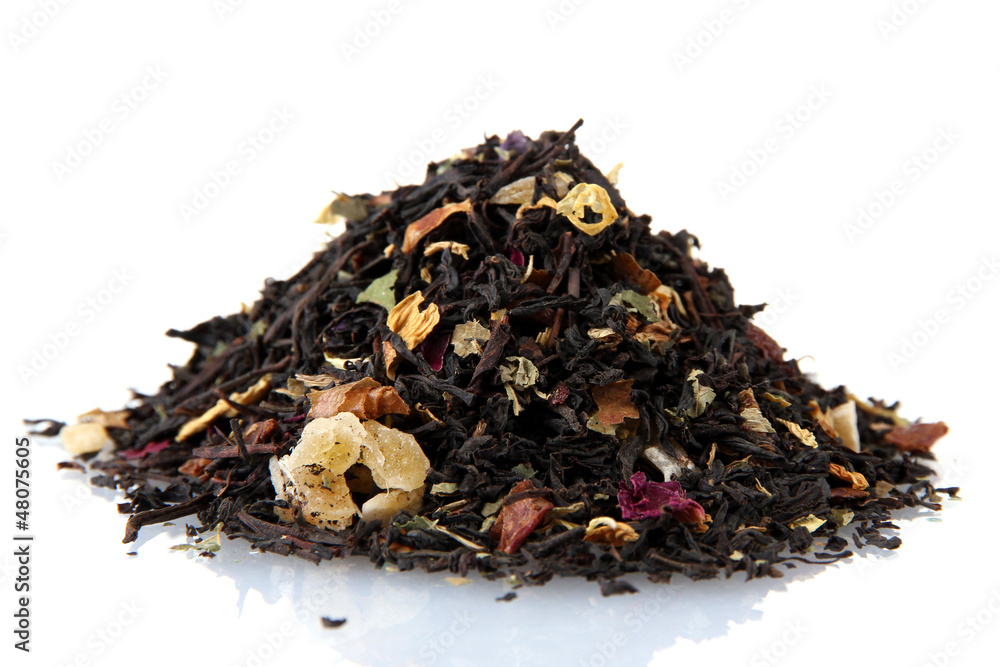 aromatic black dry tea with fruits and petals, isolated on