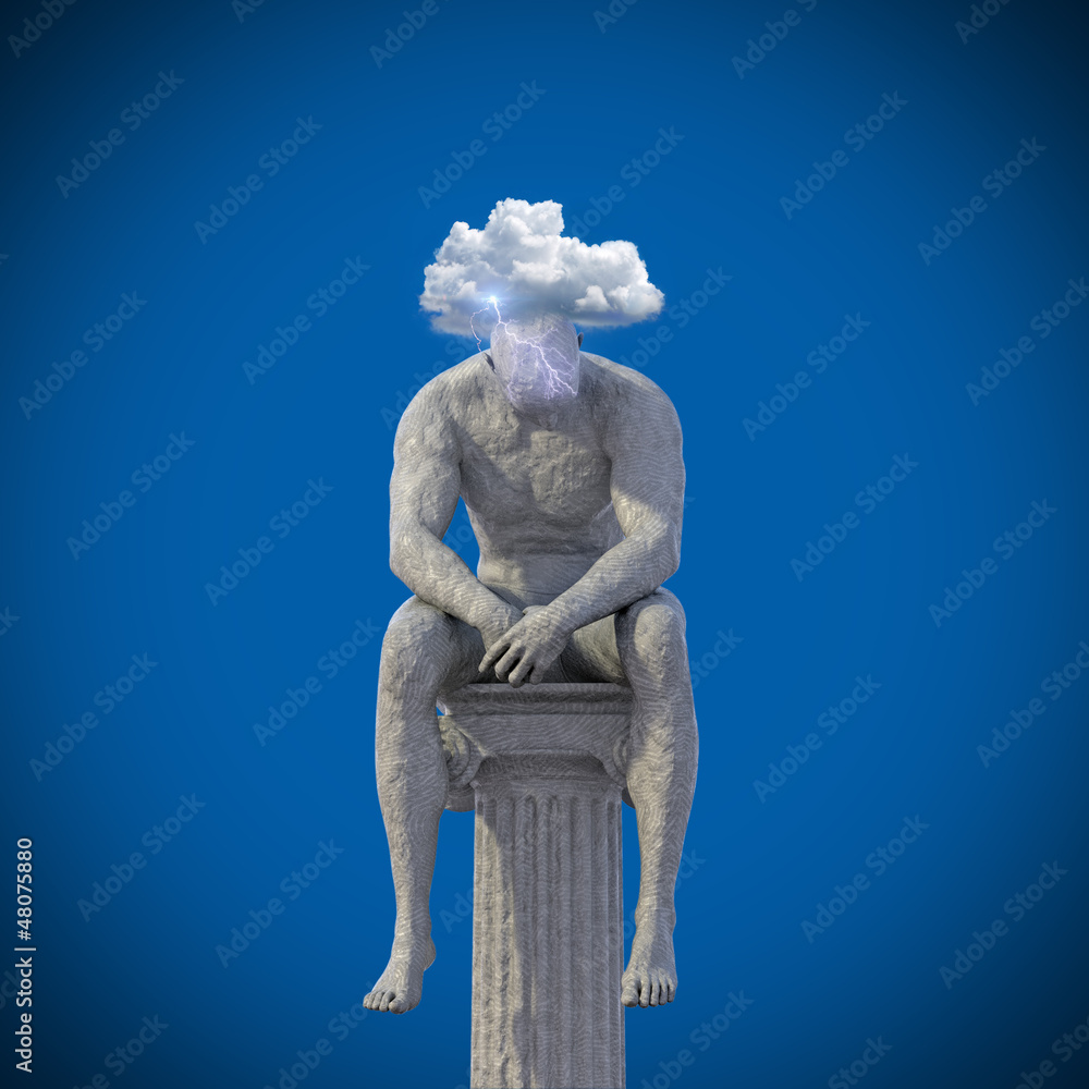 Männliche Statue sitzt auf Säule 3D Wolke Blitze