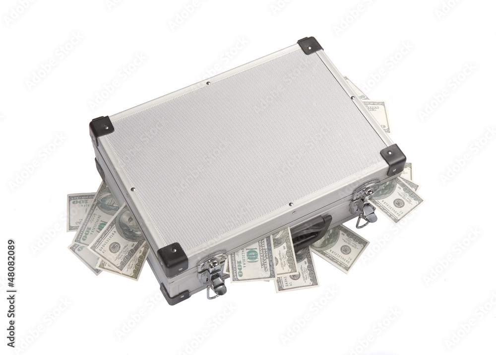dollar banknotes sticking out of an aluminum suitcase dollar banknotes sticking out of an aluminum suitcase