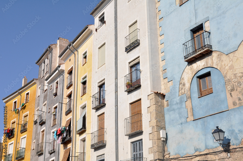 Old color houses facades in Cuenca, Spain
