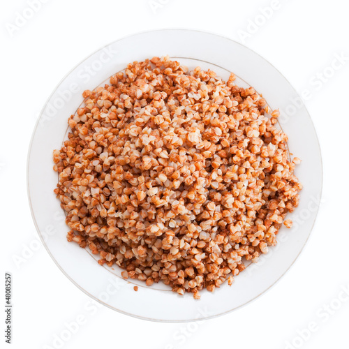 Top view of buckwheat porridge in plate