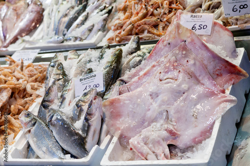 fresh cool fish on ice at street market photo