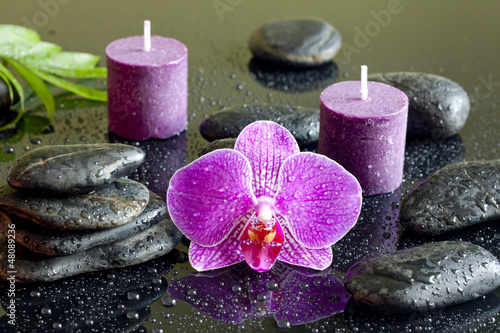 Purple orchid candles and zen stones spa concept still life