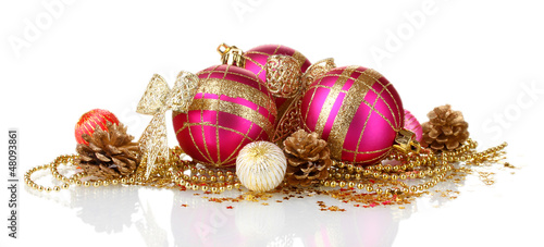 beautiful pink Christmas balls and cones isolated on white