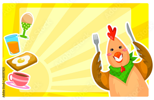 set of cartoon chicken and foods for breakfast