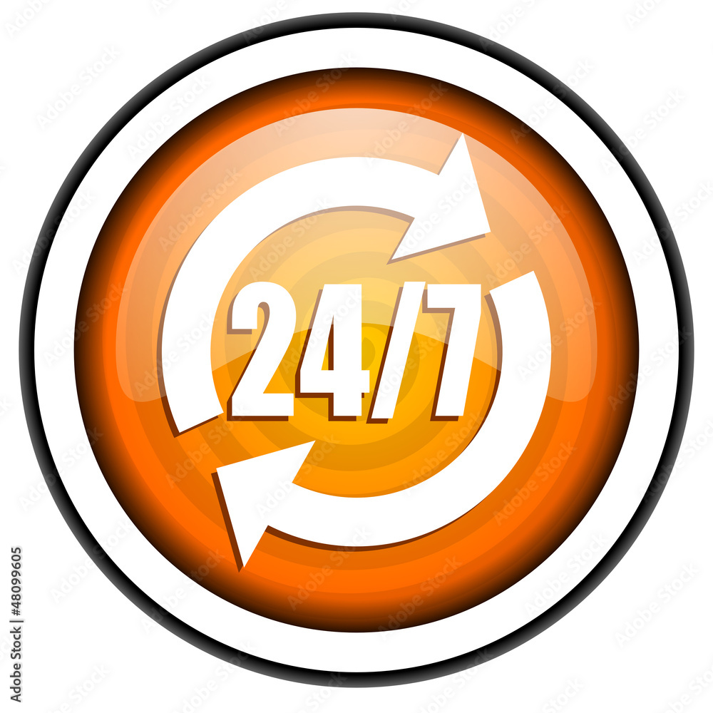 24/7 service orange glossy icon isolated on white background 24/7 service orange glossy icon isolated on white background