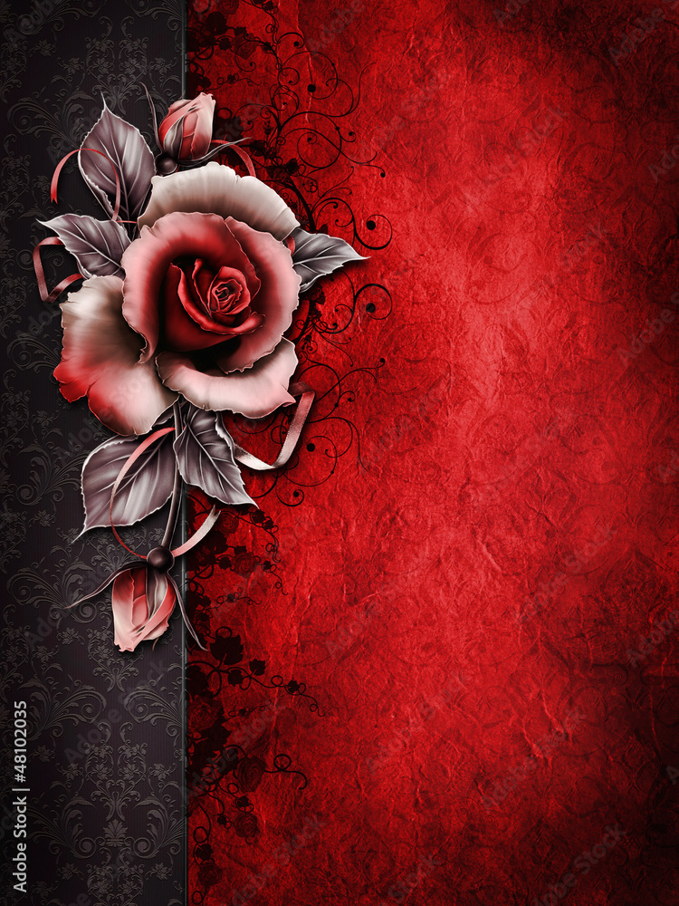 Gotyckie tło z czerwoną różą - obrazy, fototapety, plakaty 