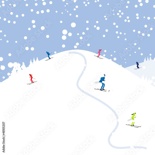 People skiing, winter mountain landscape for your design