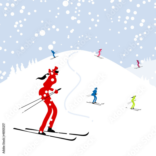 People skiing, winter mountain landscape for your design