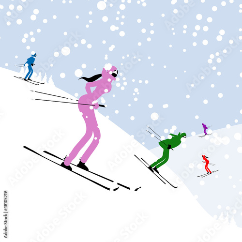 People skiing, winter mountain landscape for your design
